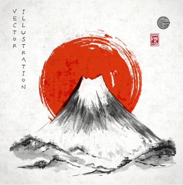 : Fujiyama dağ ve büyük kırmızı güneş.