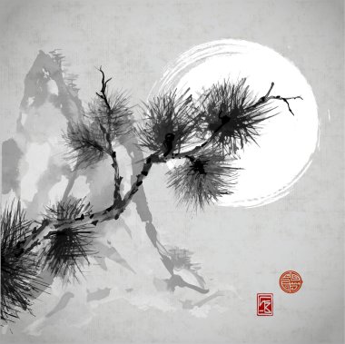 Japon çam ağacı dalı ve dağlar