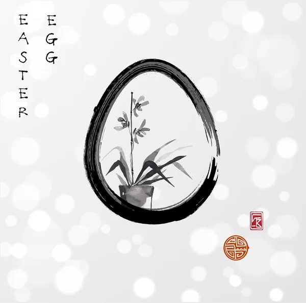 Huevo de Pascua y orquídea en estilo japonés — Vector de stock