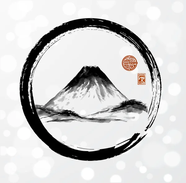 Montaña Fujiyama en círculo enso negro — Vector de stock