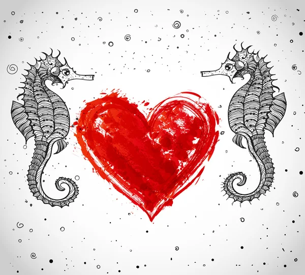 Couple of seahorses and heart — Stock Vector