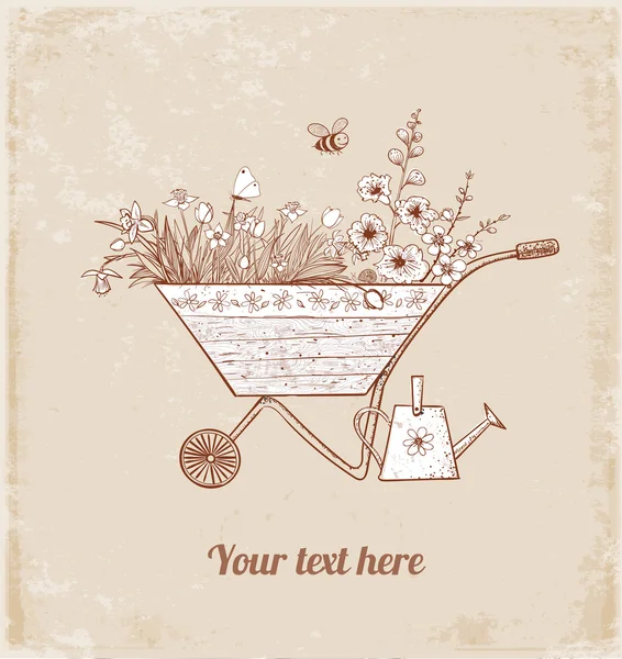 Chariot de jardin plein de fleurs de printemps — Image vectorielle