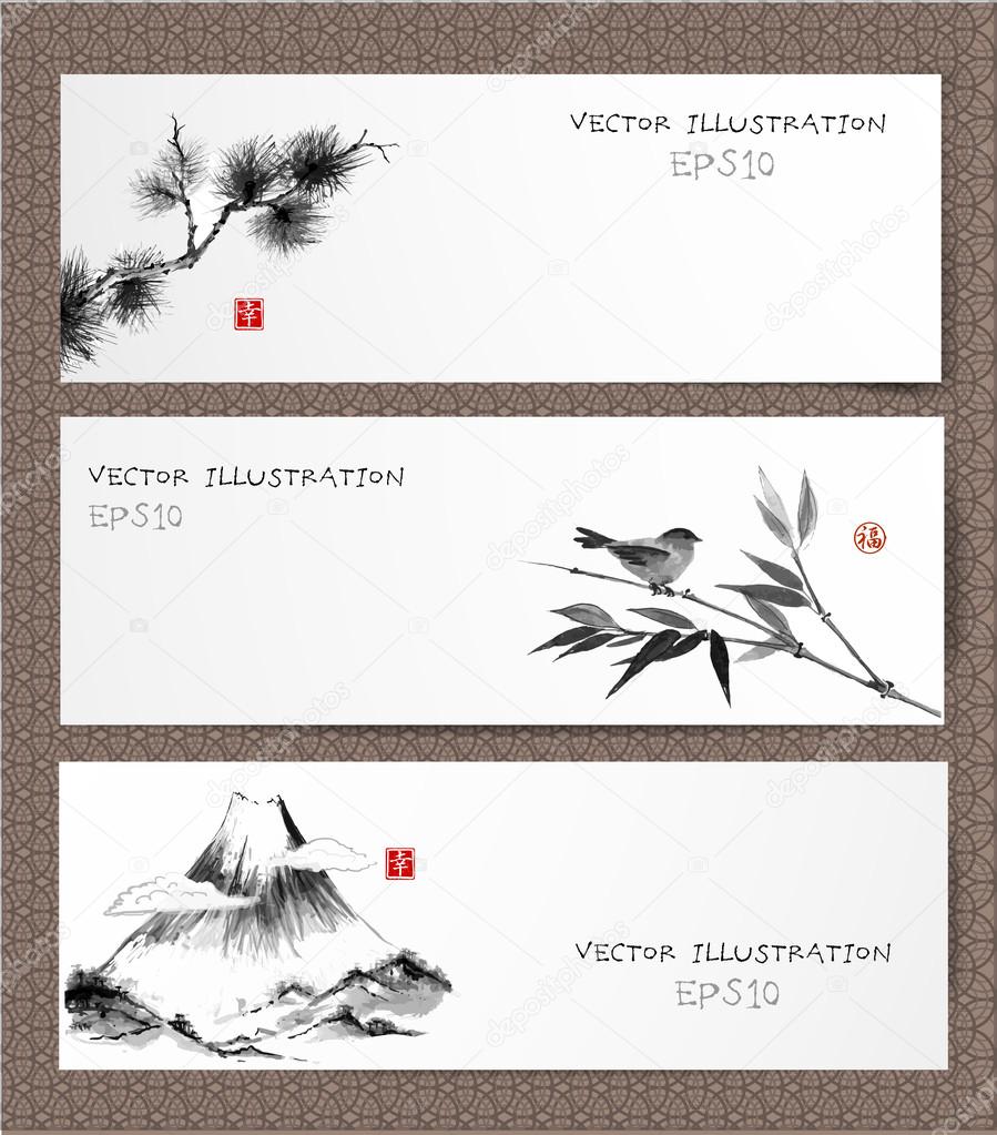 Banners with bamboo, mountains and bird