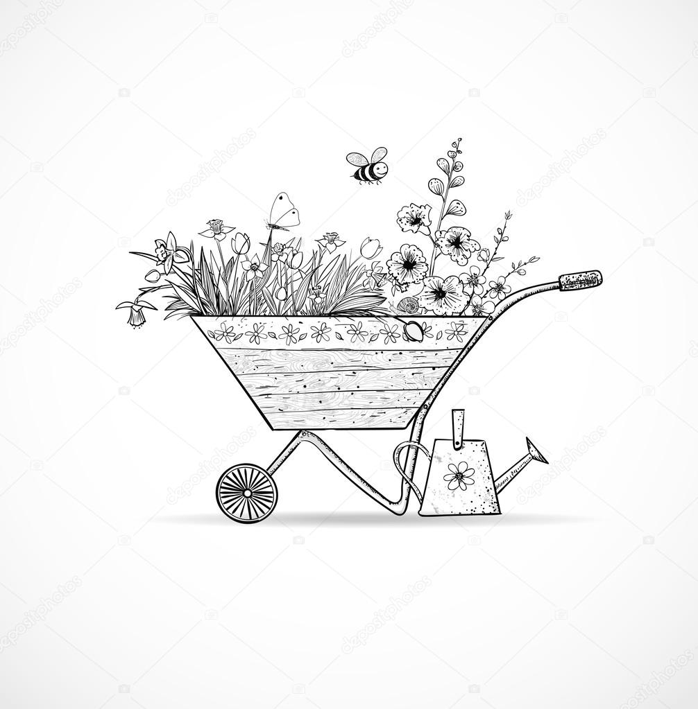 Card with garden cart and watering can