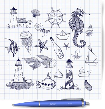 Deniz öğeleri çizimler.