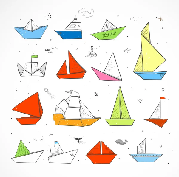 Colored Origami paper ships sketches — Stock Vector
