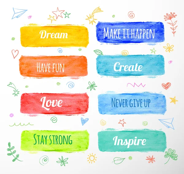 Set of eight bright watercolor banners — Stock Vector