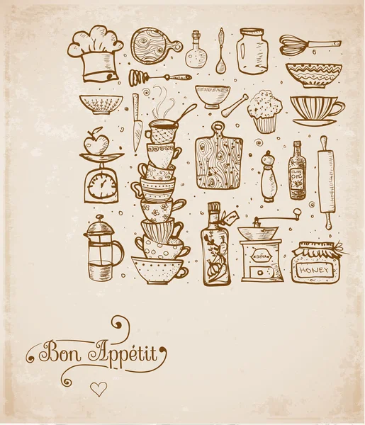 Vintage mutfak gereçleri ile kartı — Stok Vektör