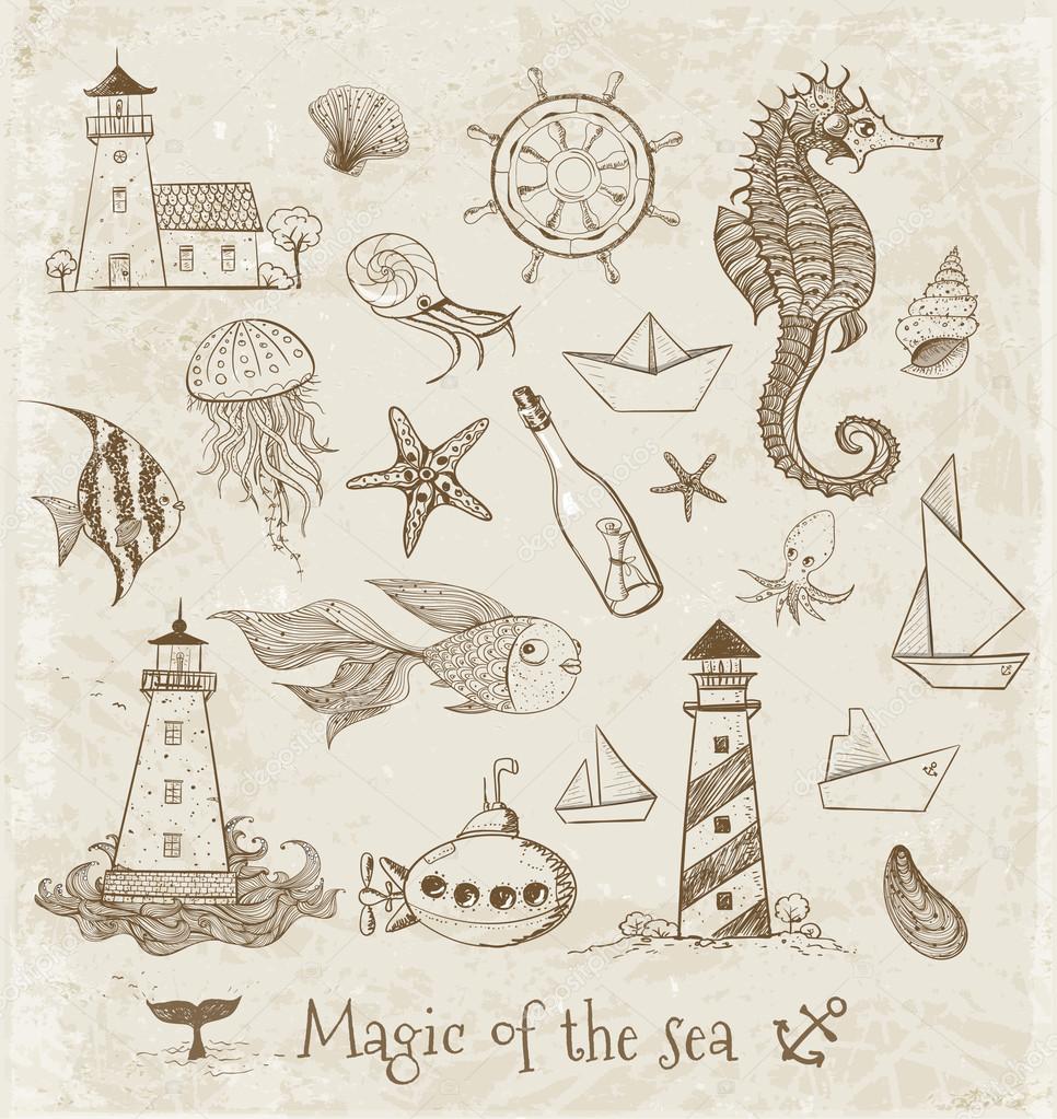 Imagenes Vintage Mar | vintage dibujos de elementos del mar vector de stock Imagenes Vintage Mar | vintage dibujos de elementos del mar vector de stock