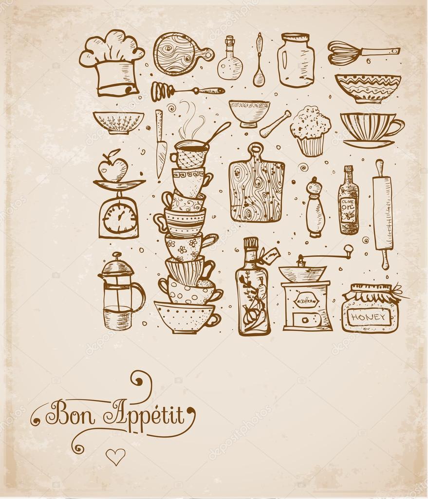 Card with vintage kitchen utensils Stock Vector by ©Elinacious 73777075, image size:879x1024