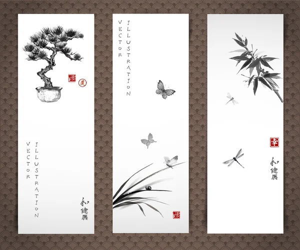Banner mit Bonsai-Baum, Schmetterlingen — Stockvektor