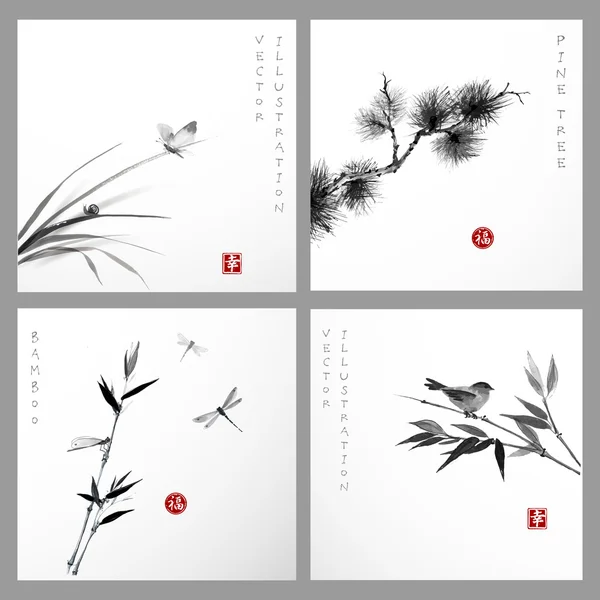 çim, çam ağacı, bambu ile kartları