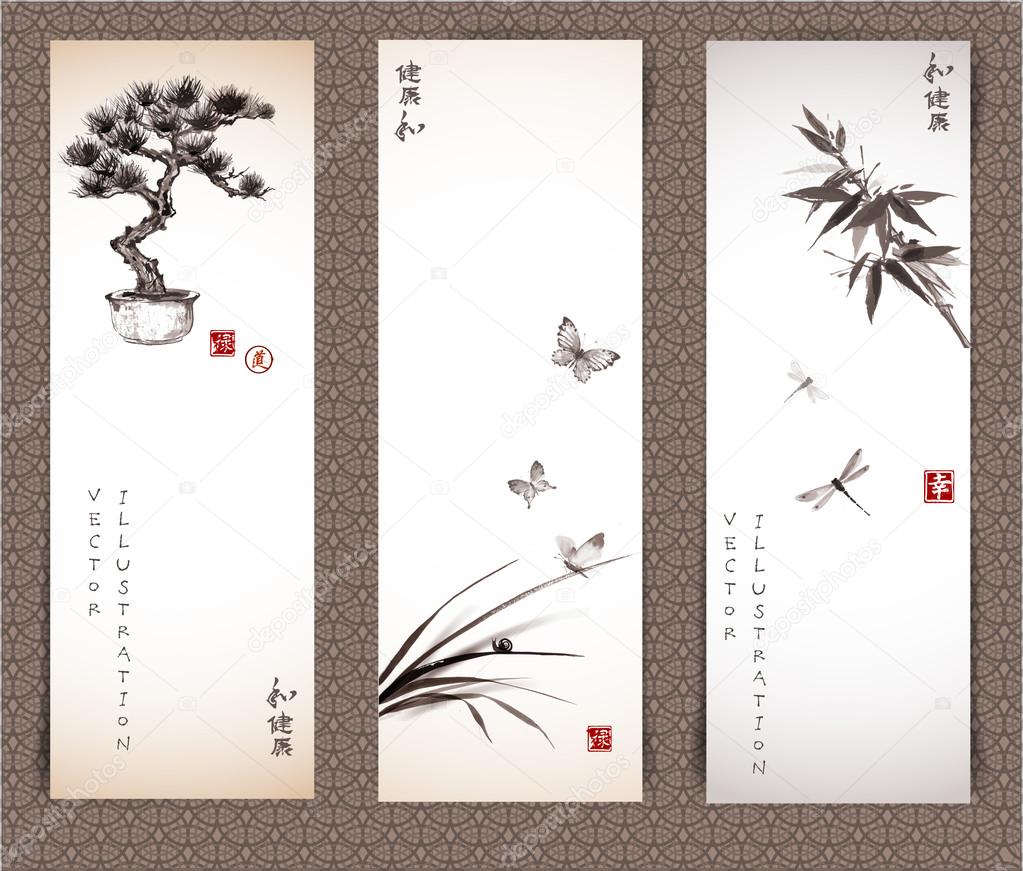 Banners with bonsai tree, butterflies