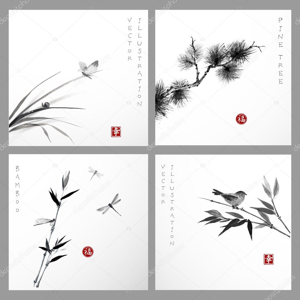 cards with grass, pine tree, bamboo