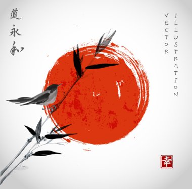 Card with bamboo, bird and red sun