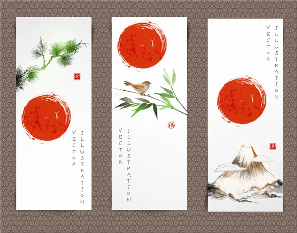 Banners with pine tree, bird and mountain — Stock vektor