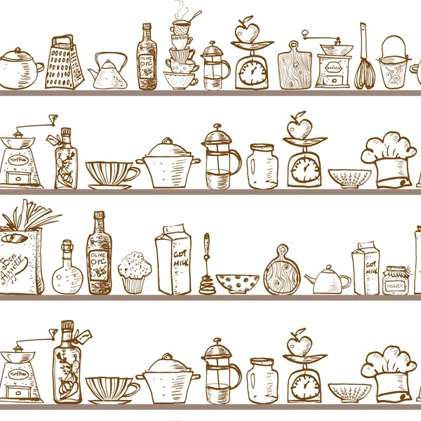 Doodle sketch kitchen utensils on shelves — Stockvector