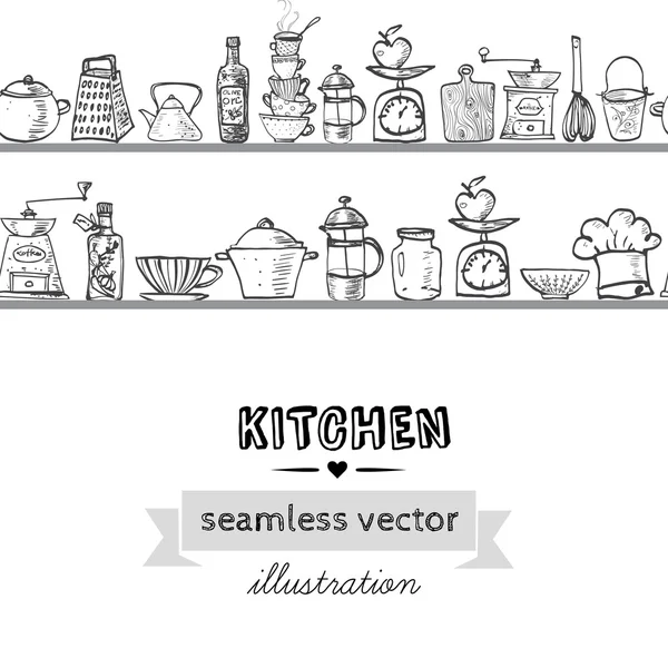 Doodle sketch kitchen utensils on shelves — Διανυσματικό Αρχείο