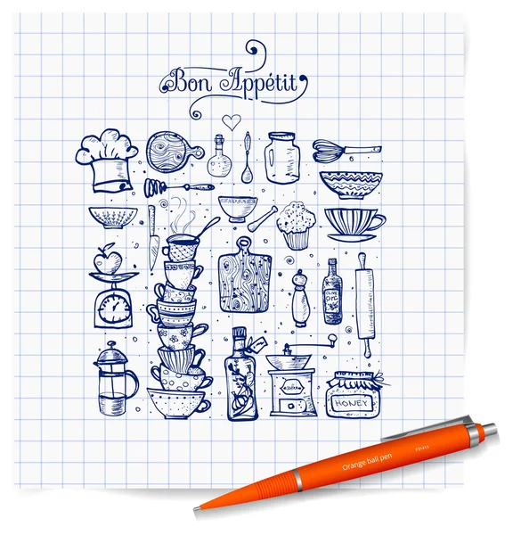 Ustensiles de cuisine avec stylo — Image vectorielle