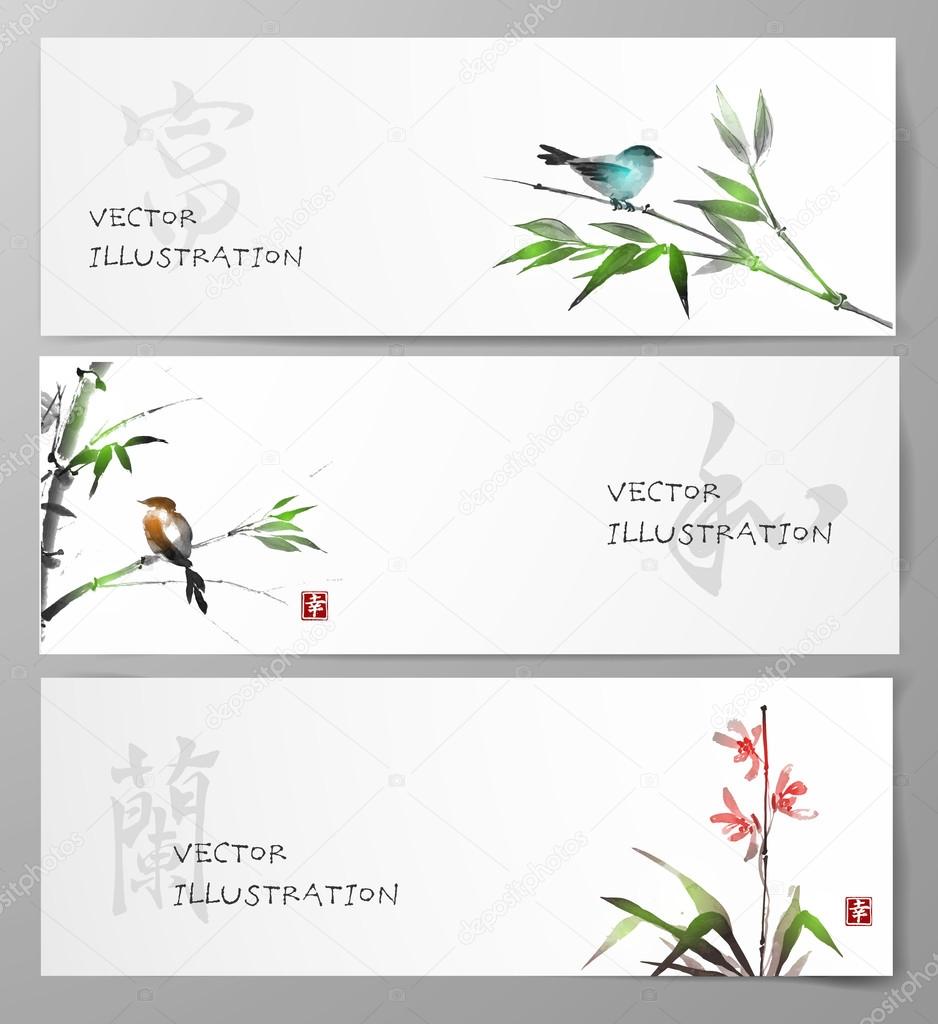 Banners with bamboo, orchid and bird