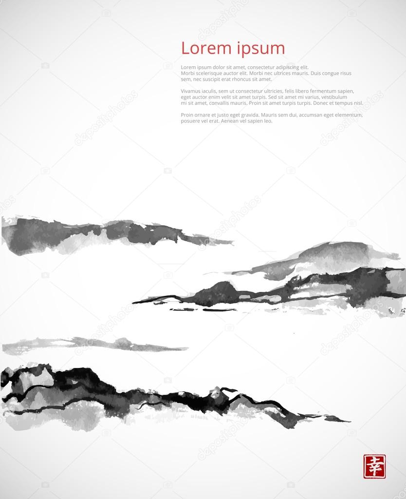 Hand drawn mountains in fog