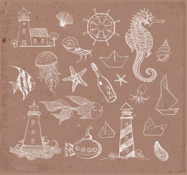 Deniz öğelerin Vintage çizimler
