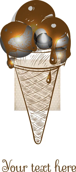 Ice cream cone scoops and chocolate — Stockvector