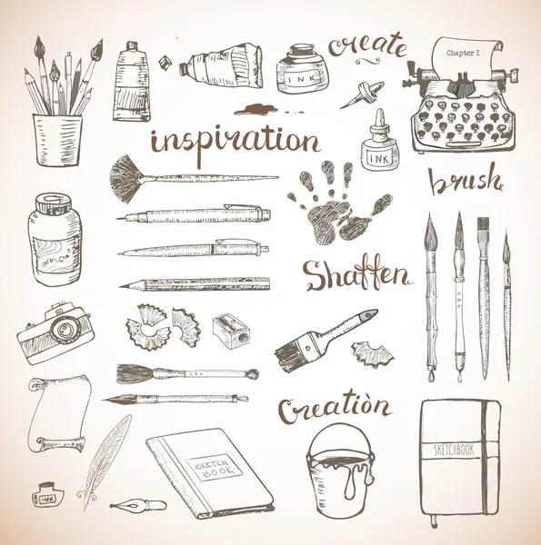 Sketches of vintage artists and writers tools — Stockový vektor