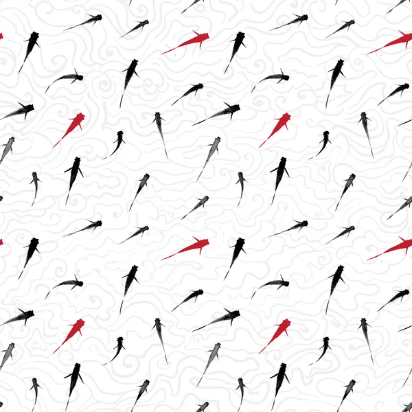 Black and red fishes on waves — 스톡 벡터