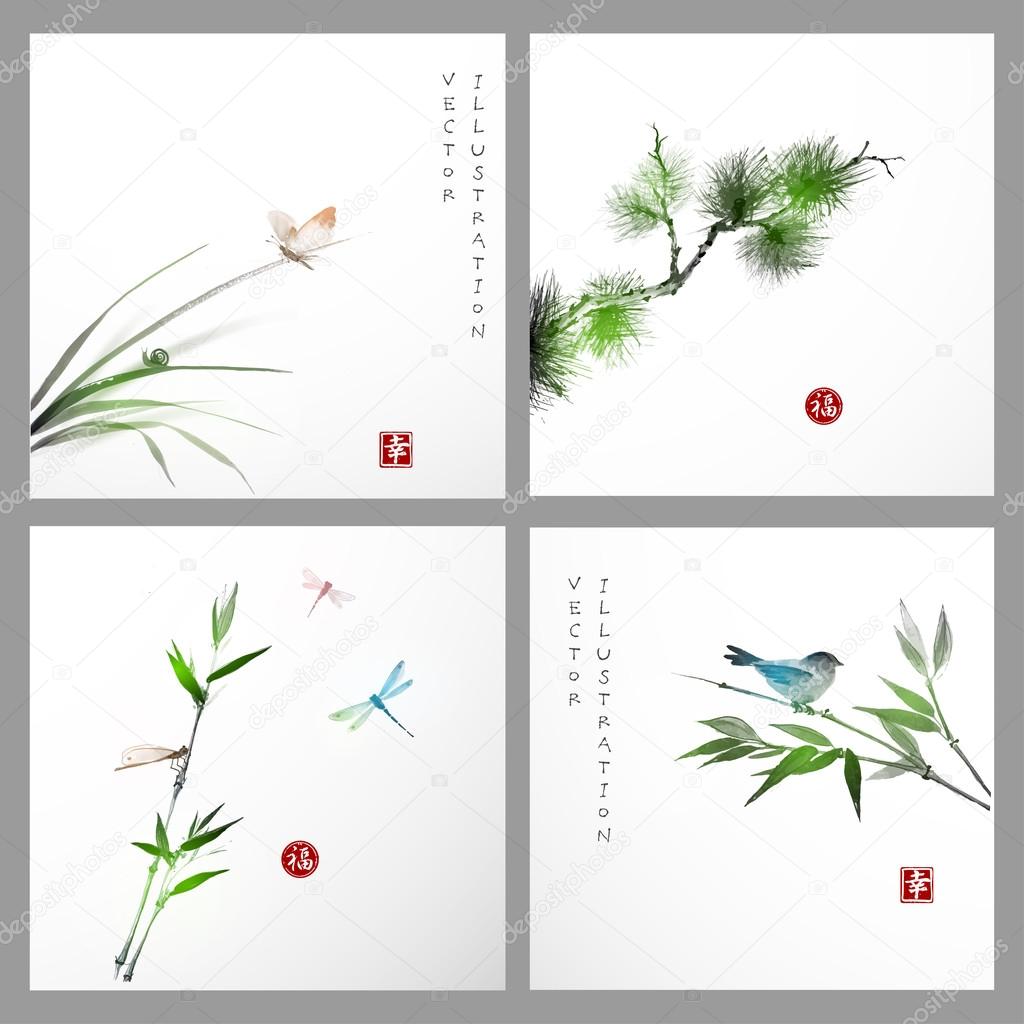 Set of cards with tree, bamboo, grass