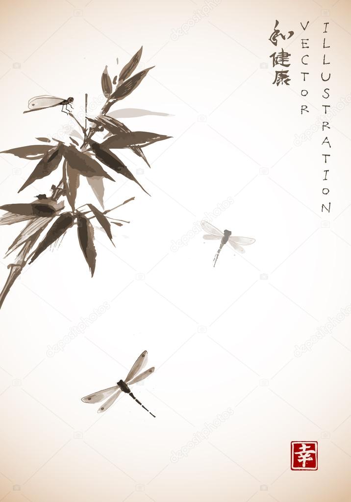 Bamboo and three dragonflies