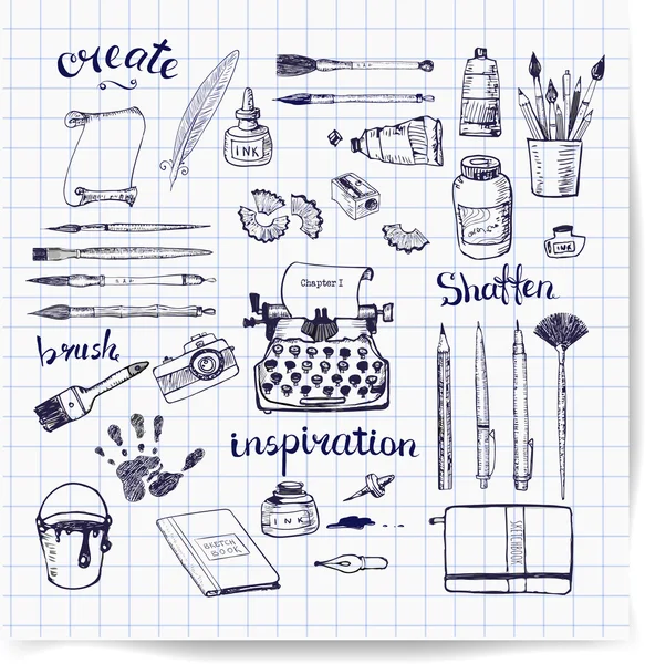 Sketches of artist's and writer's tools — Stok Vektör