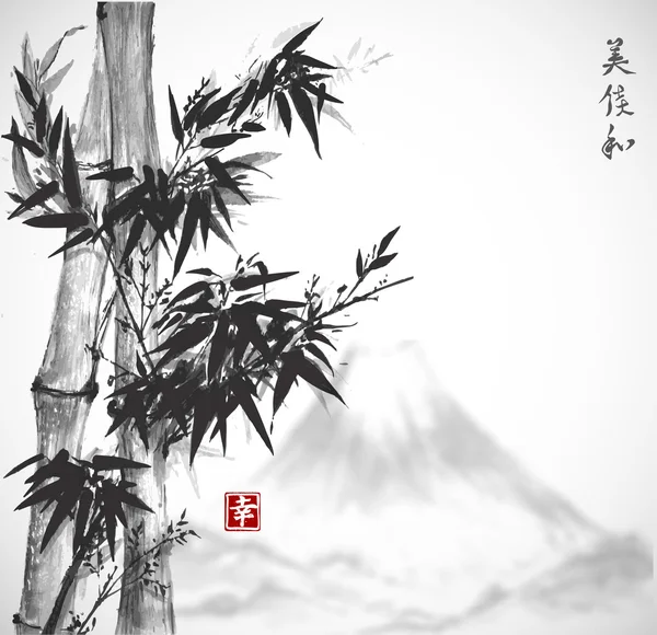 Árboles de bambú y montaña de Fujiyama — Vector de stock