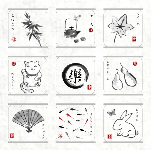 Traditional Japanese sumie style elements — Stockvector