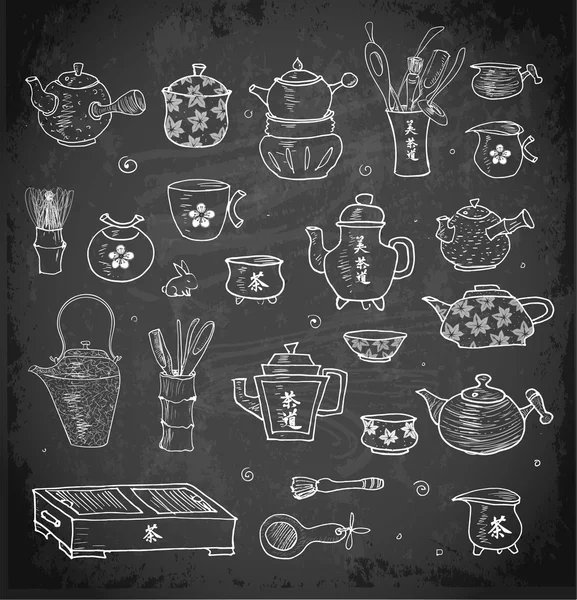 Chinese and Japanese tea objects on blackboard — 图库矢量图片