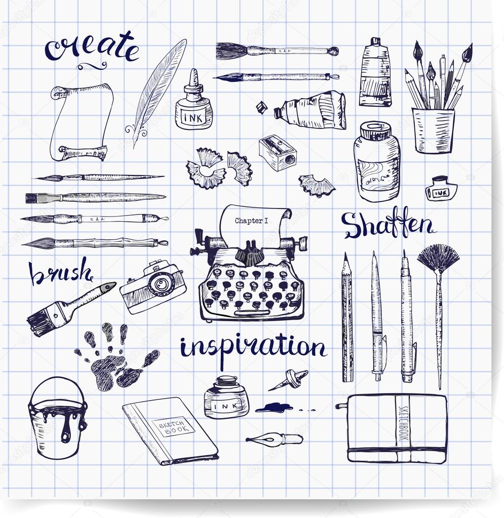 Sketches of artist's and writer's tools