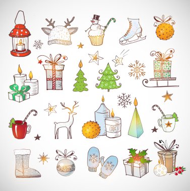 yarım yamalak Noel öğeleri elle çizilmiş.