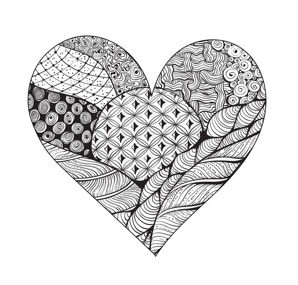 Grand coeur zentangle noir et blanc — Image vectorielle