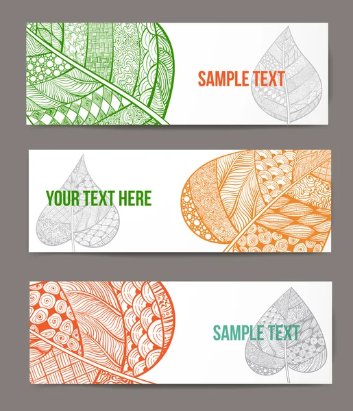 Trois bannières avec des feuilles de style zentangle — Image vectorielle