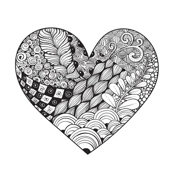 Grande coração zentangle preto e branco — Vetor de Stock