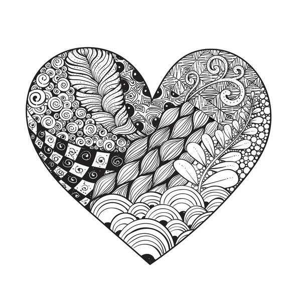 Serce duże biało-czarny zentangle — Wektor stockowy