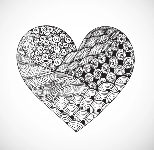 大的黑色和白色 zentangle 心 — 图库矢量图片