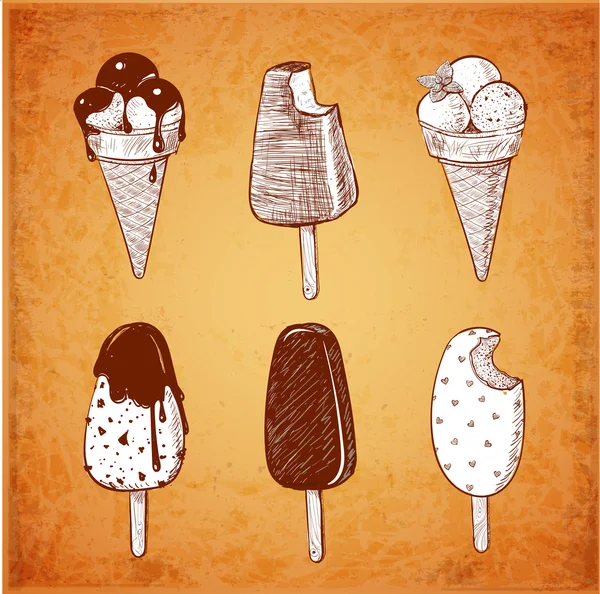 Vintage Bocetos de seis tipos de helado — Vector de stock