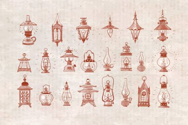 Karalama tarzı retro fener ve lamba koleksiyonu. Her biri eşsiz detaylı ve klasik arka plana elle çizilmiş..