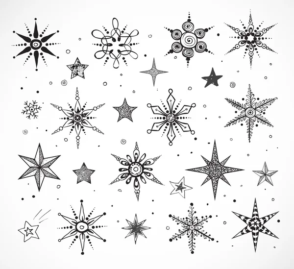 Doodle esboço flocos de neve e estrelas — Vetor de Stock