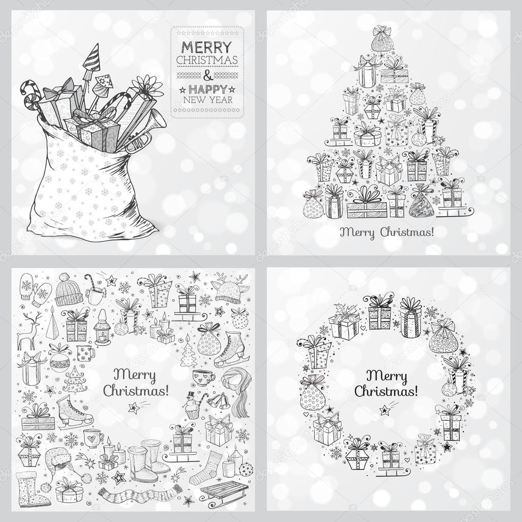 Set of doodle sketch Christmas cards