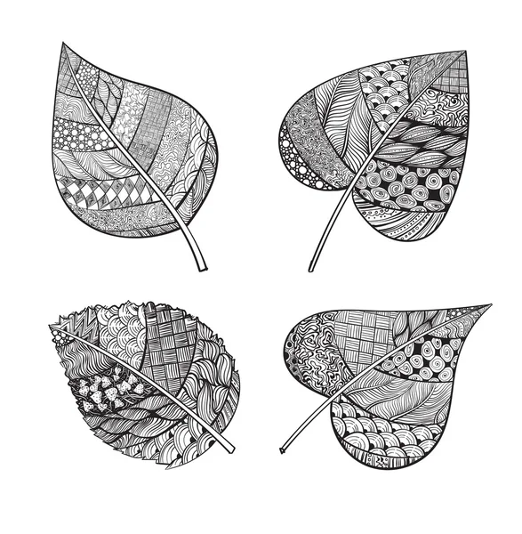 Conjunto de hojas estilo zentangle — Vector de stock