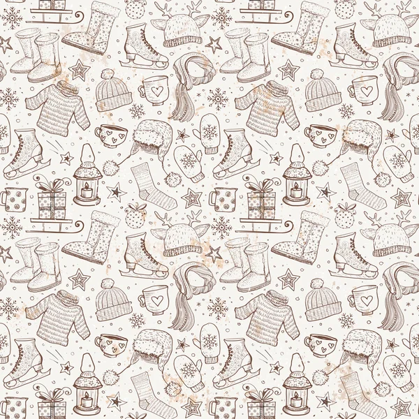 Seamless vintage pattern with winter elements. — Stock Vector