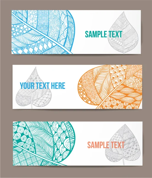 Banners com folhas de estilo zentangles — Vetor de Stock