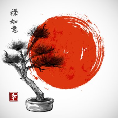 Bonsai pine tree and red sun